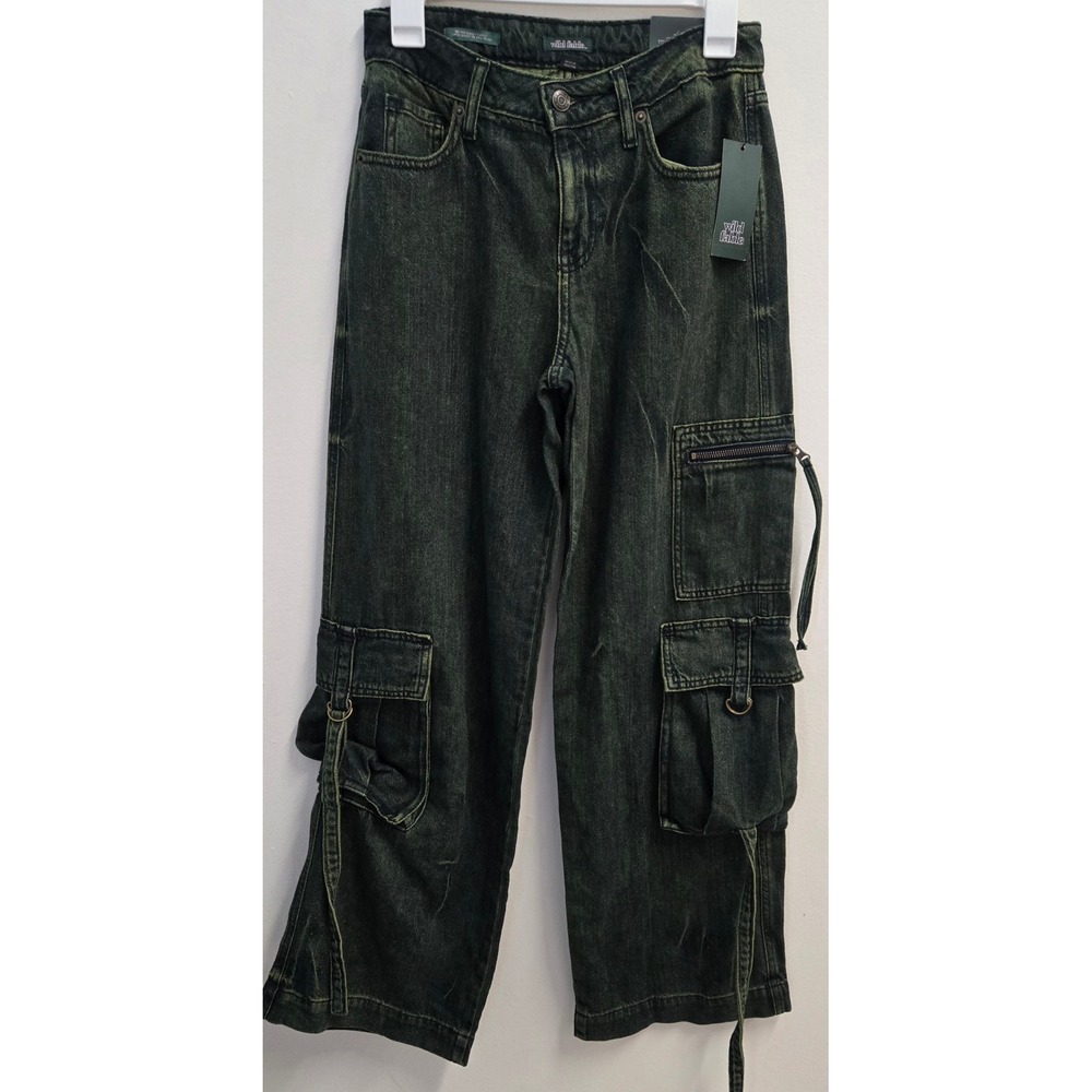 Wild Fable Womens Mid-Rise Cargo Jeans Green Wash Wide Leg Size 0 31 Inseam